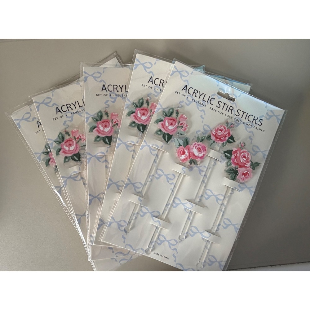 5 Sets of 4 Pink Rose Acrylic Stir Sticks Floral Swizzle Sticks‎ Hot or Cold